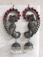 Load image into Gallery viewer, Antique Silver Finish Red Jade Earrings
