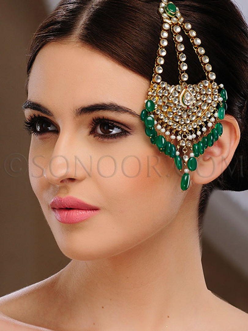 Kundan Pearl Green Stone Jhumar