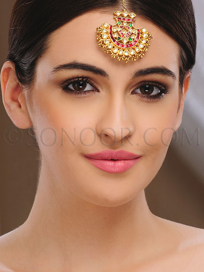 Gold Finish Kundan & Jade Maang Tika