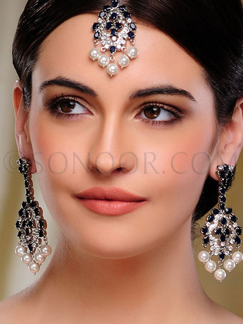 CZ Dark Blue Stone Maang Tika with Earrings