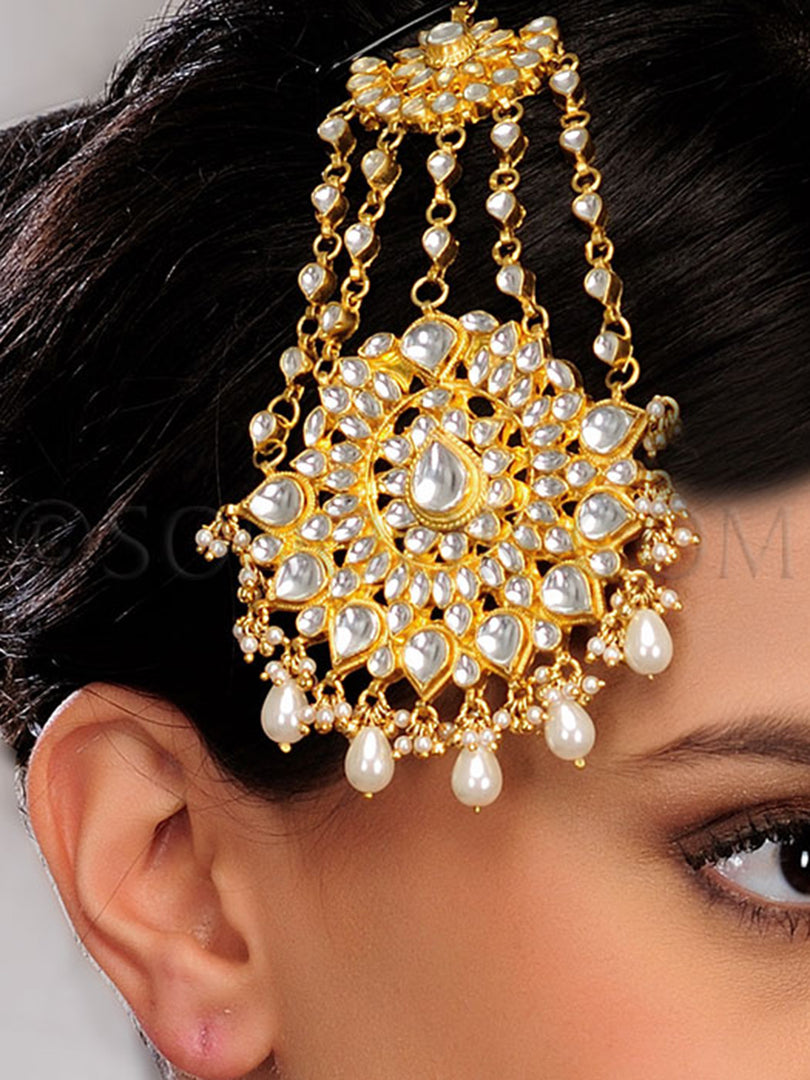 Gold Finish Kundan Pearl Drops Jhumar