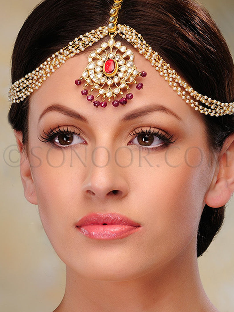 Kundan Ruby Matha Patti With Pearl Strings