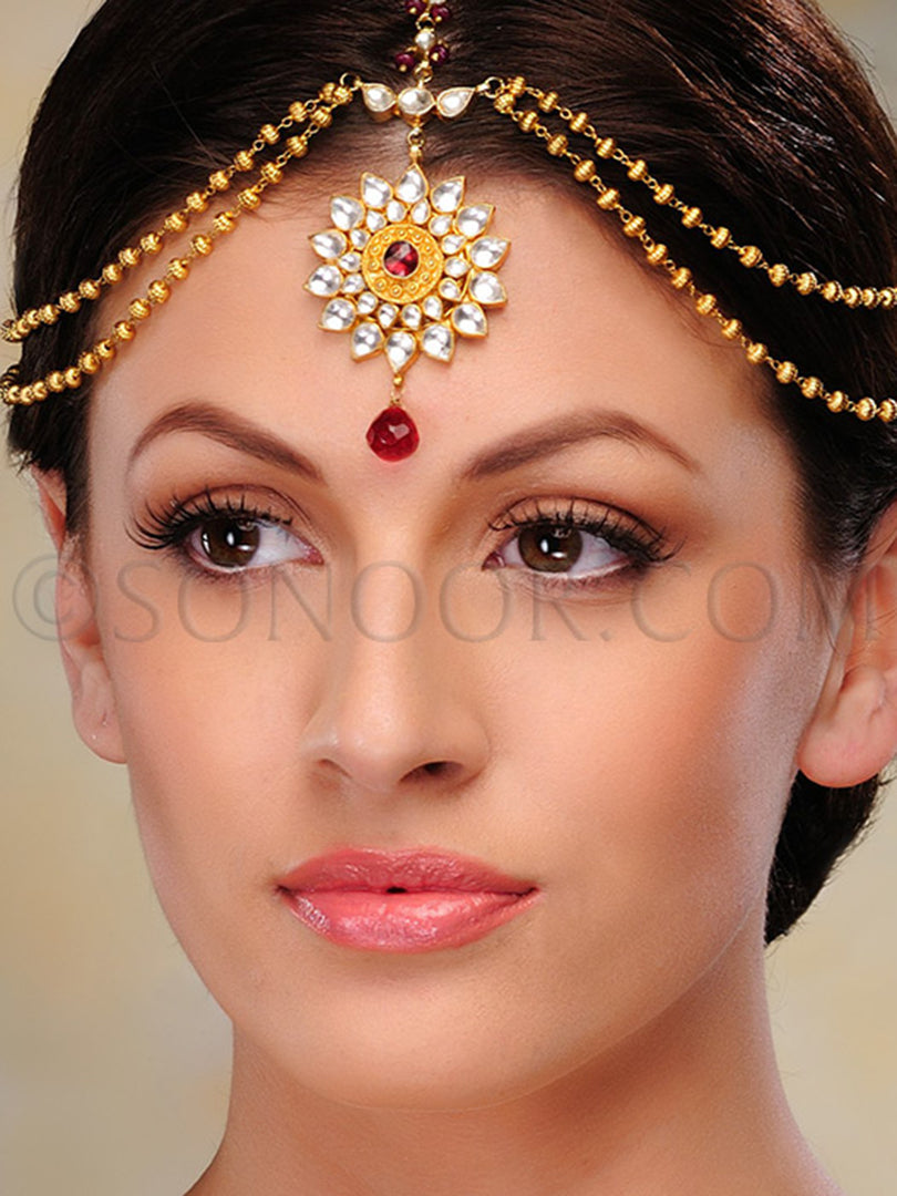 Kundan Ruby Golden Balls String Matha Patti