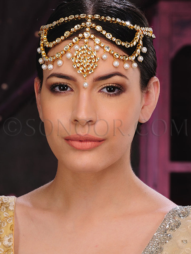 Gold Finish Kundan Pearl Drop Matha Patti