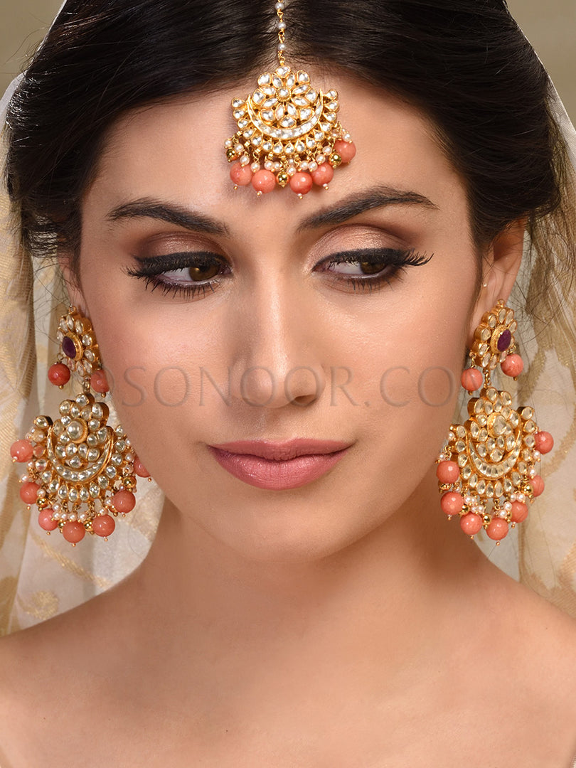 Preshti Kundan Pearl Drop Maang Tika With Earrings