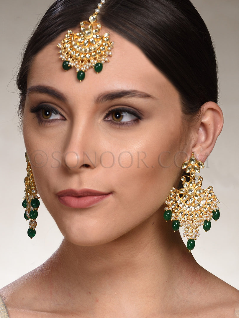 Chiragi Kundan Green Stone Maang Tika With Earrings