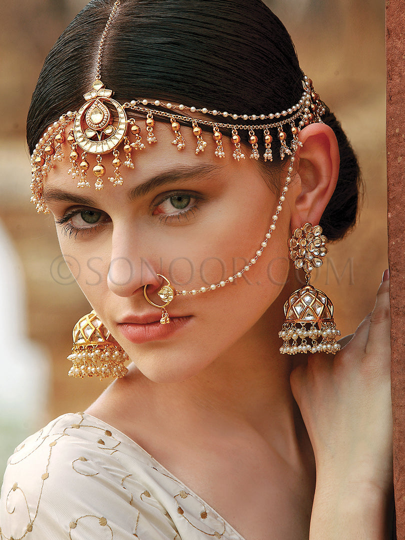 Gold finish Kundan Pearl Matha patti with Earrings & Nath