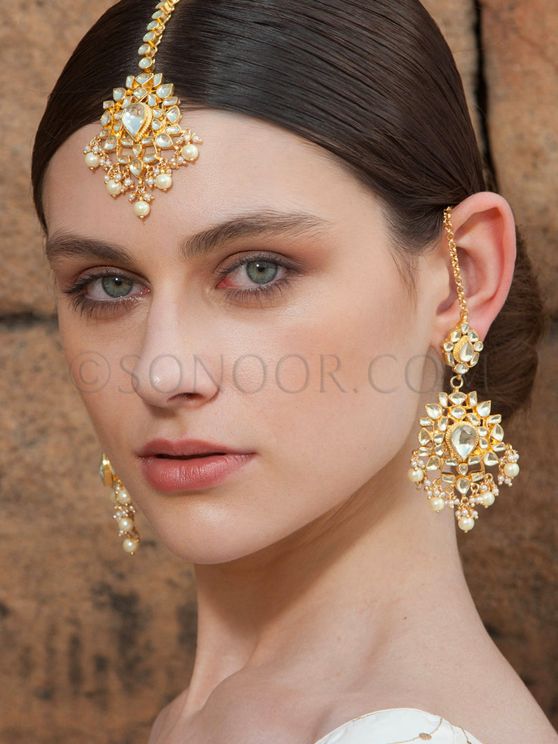 Ishtika Kundan Pearl Drop Earrings & Maang Tika
