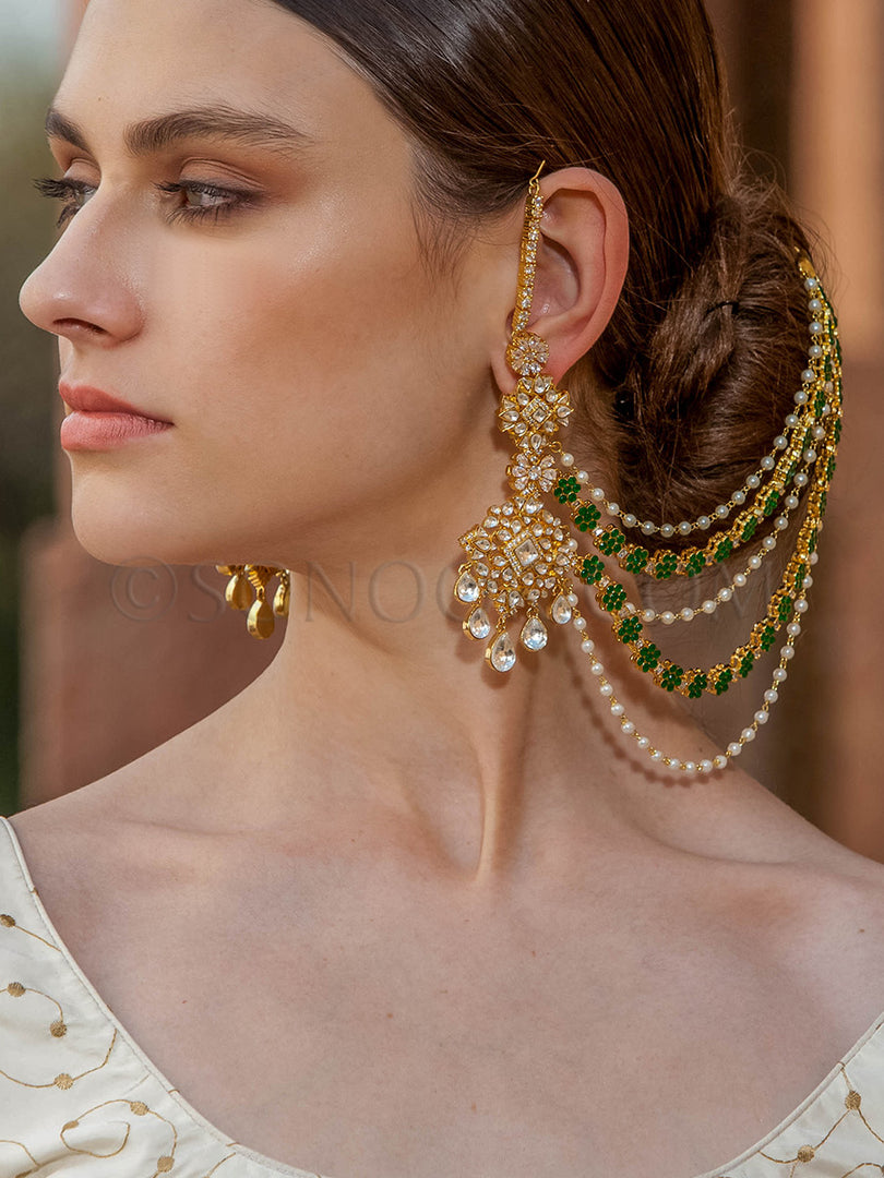 Aditu Kundan Green Jade Pearl Multi String Earrings