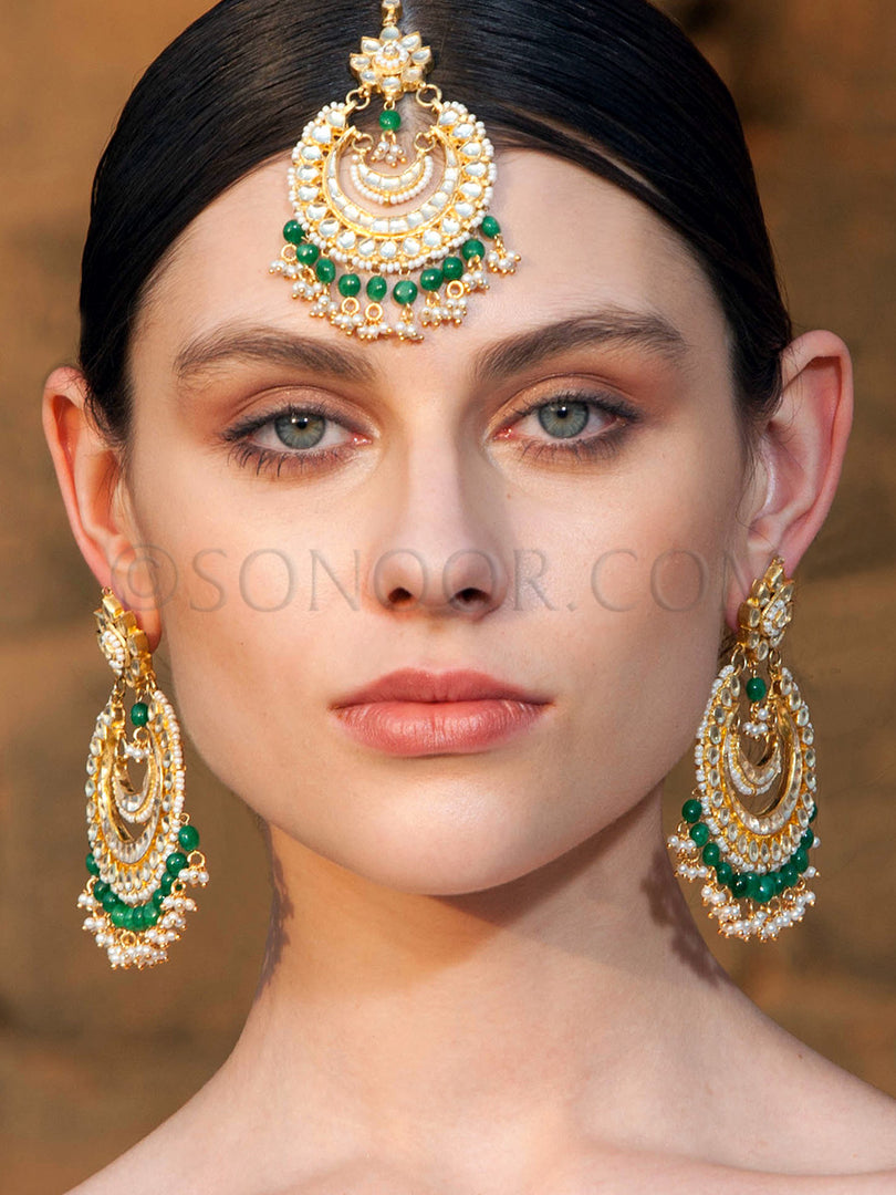 Kundan Pearl Green Jade Maang Tika With Earrings