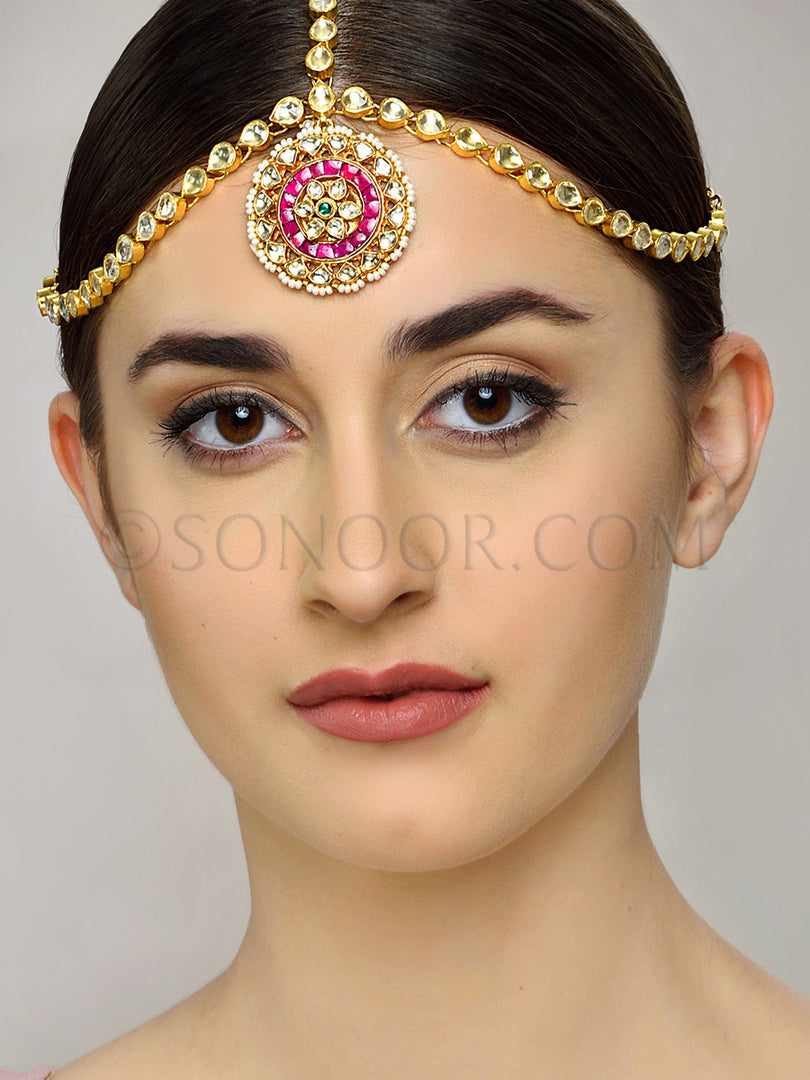 Kundan Matha Patti With Pink Stones in Gold Finish