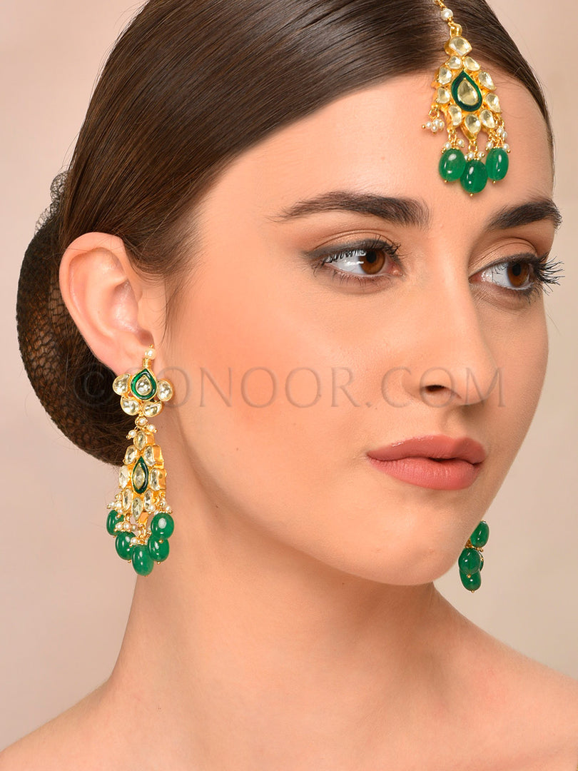 Kundan Meena Kari Green Drop Maang Tika With Earrings