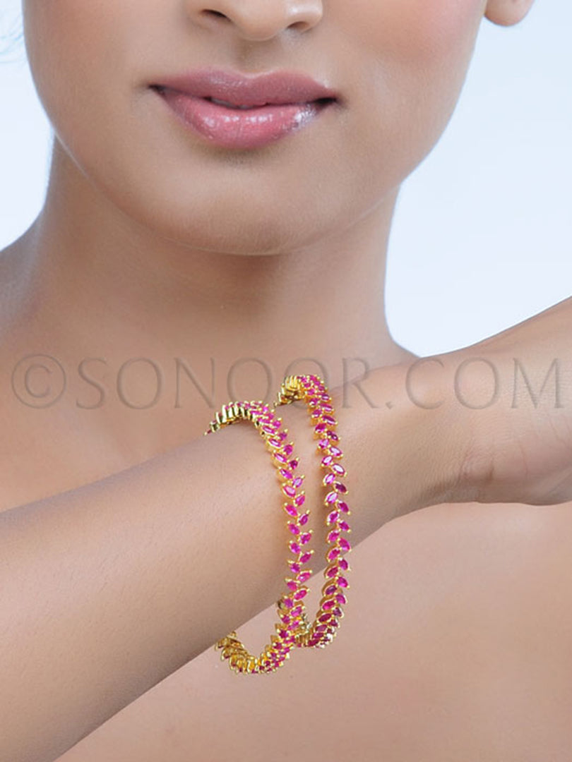 Gold Finish Red Jade Pair Bangles
