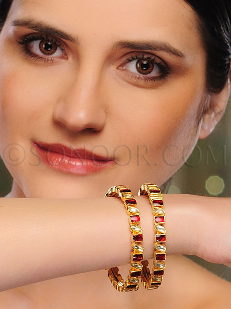 Gold Finish Kundan Jade Pair Bangles