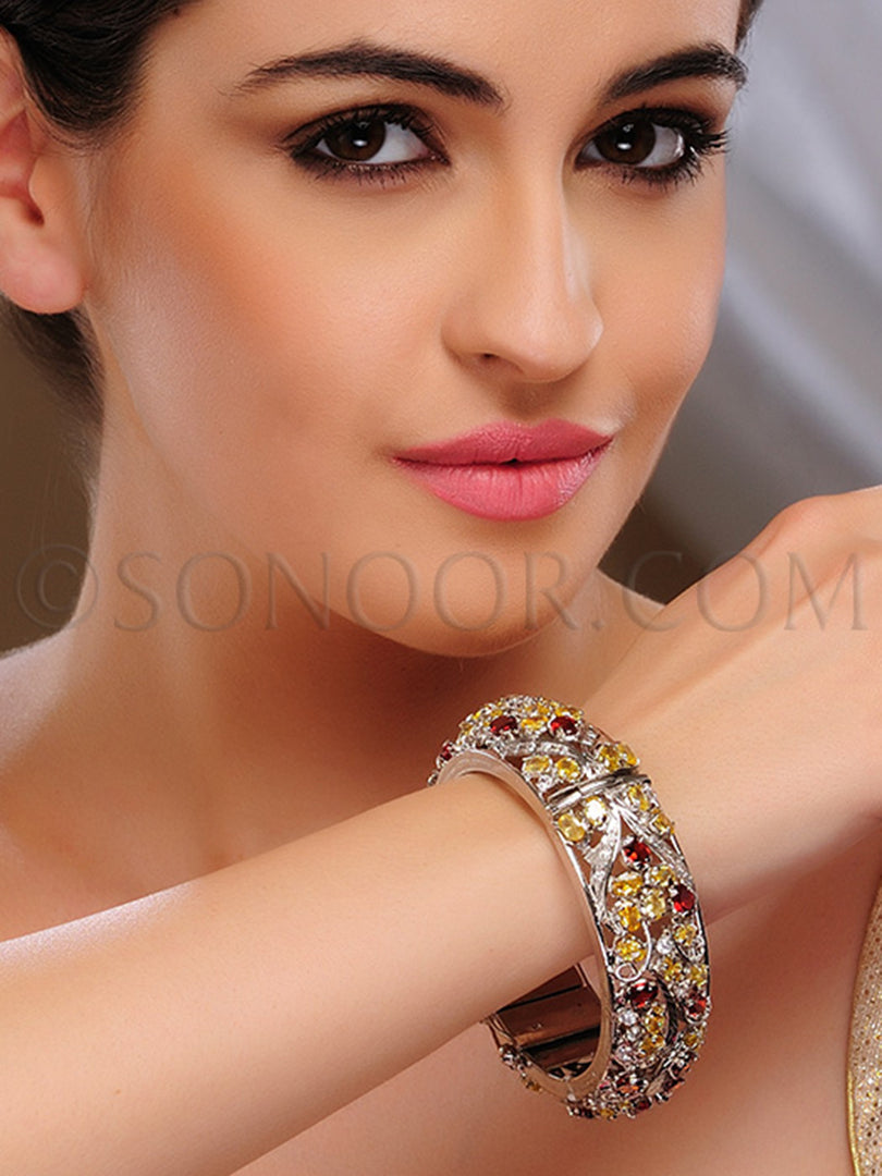 Silver Finish Citrine & Garnet Broad Single Kada