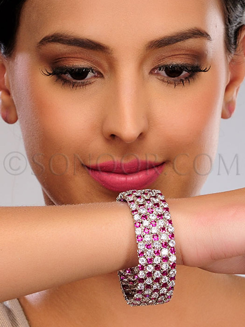 Rhodium Finish White & Pink Stone Single Kada