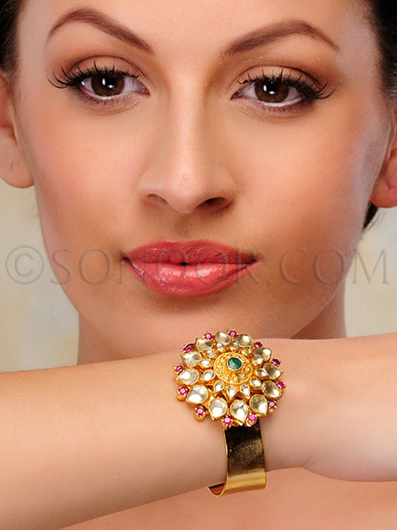 Gold Finish Kundan Jade Single Kada