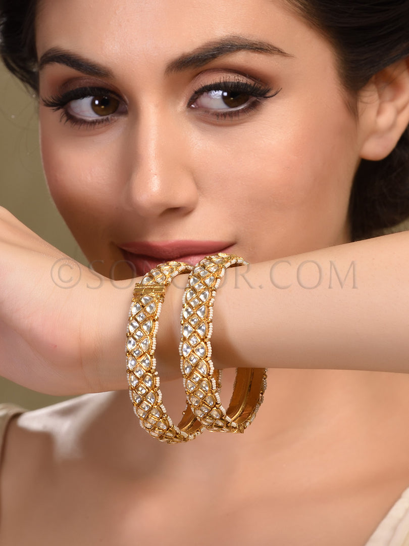 Openable Kundan Pair Bangles in Gold Finish