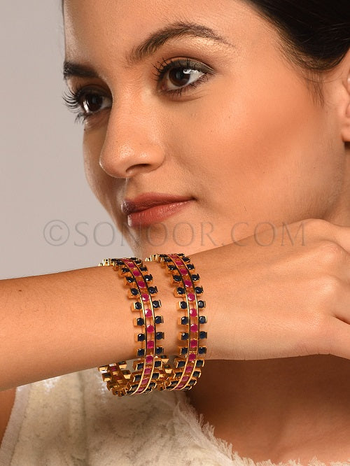 Gold Finish Blue Red Stone Pair Bangles