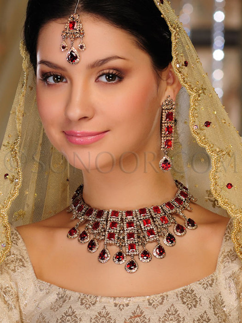 Jilpa Victorian Garnet Bridal Set With Earrings and Maang Tika
