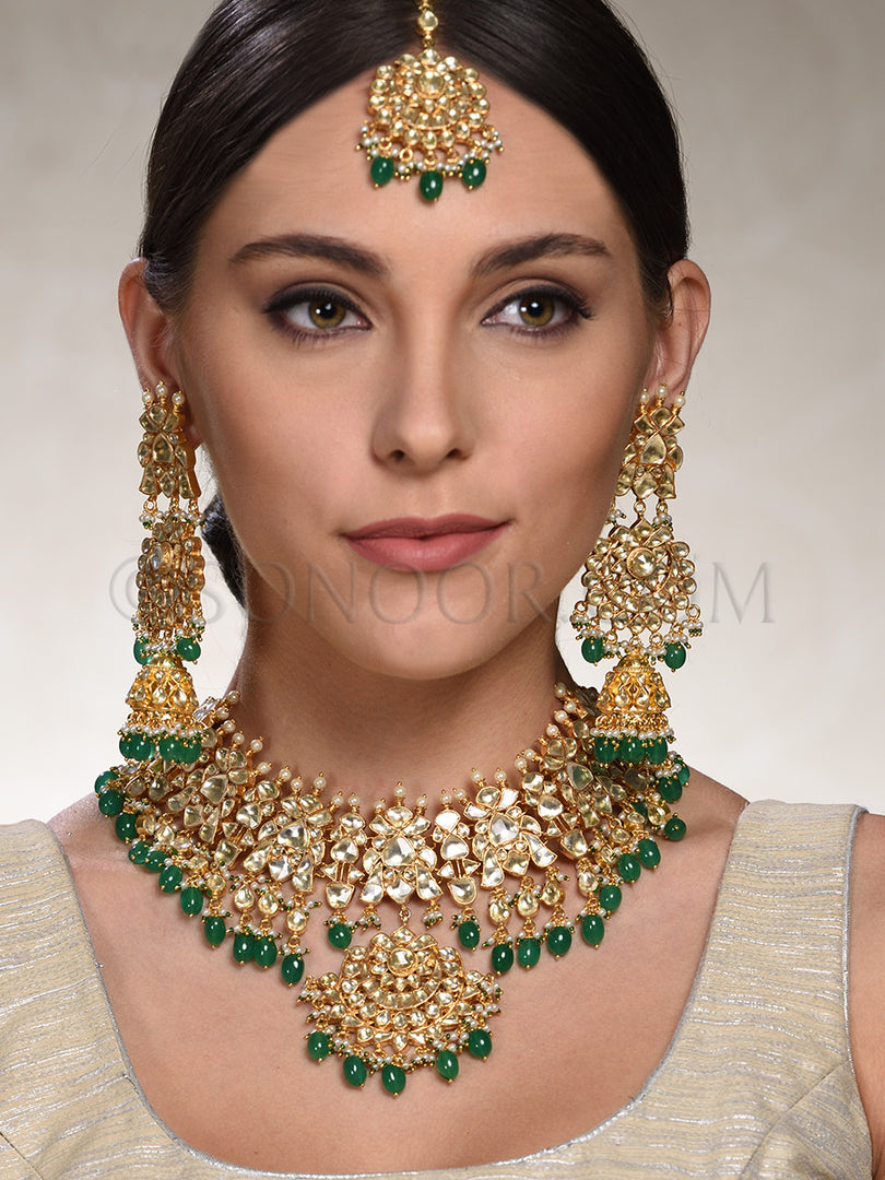 Triveni Antique Kundan Green Stone Bridal Set