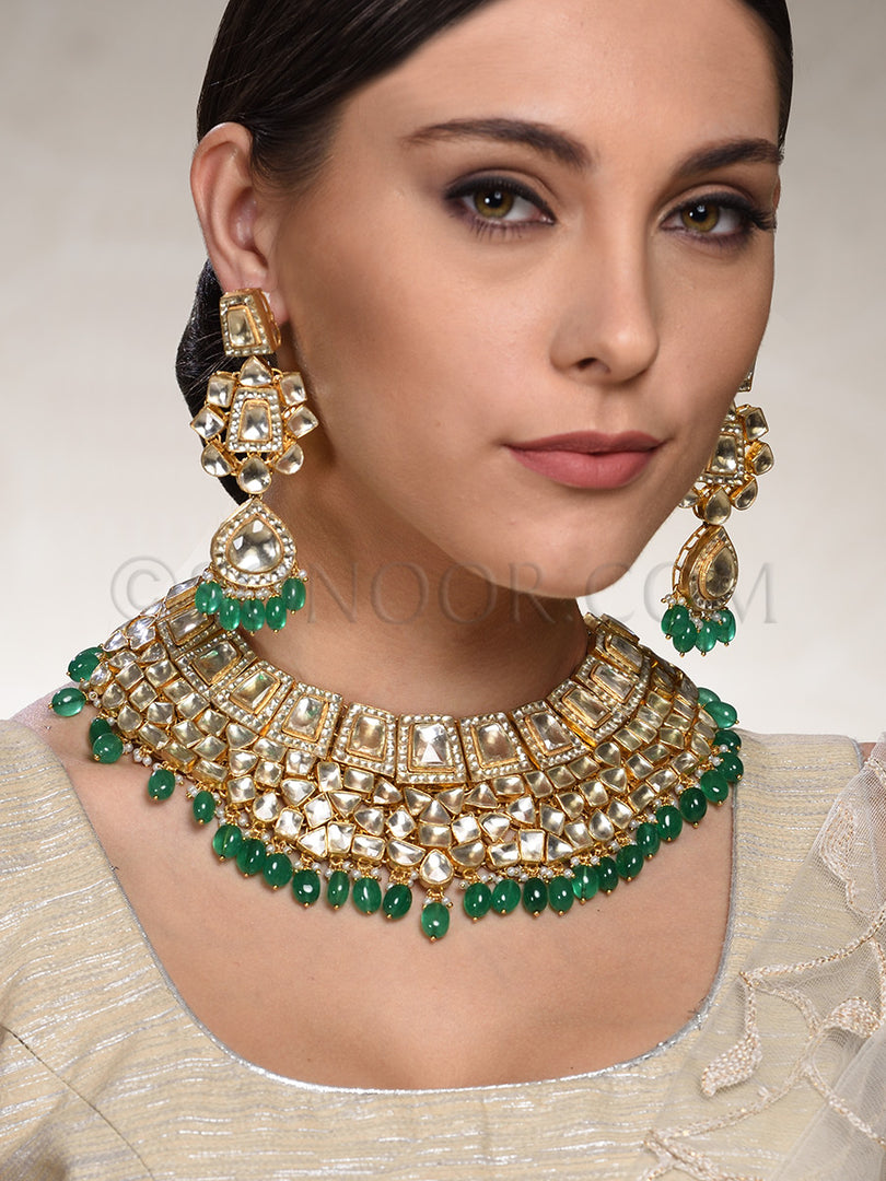 Unavi Kundan Green Jade Indian Bridal Set