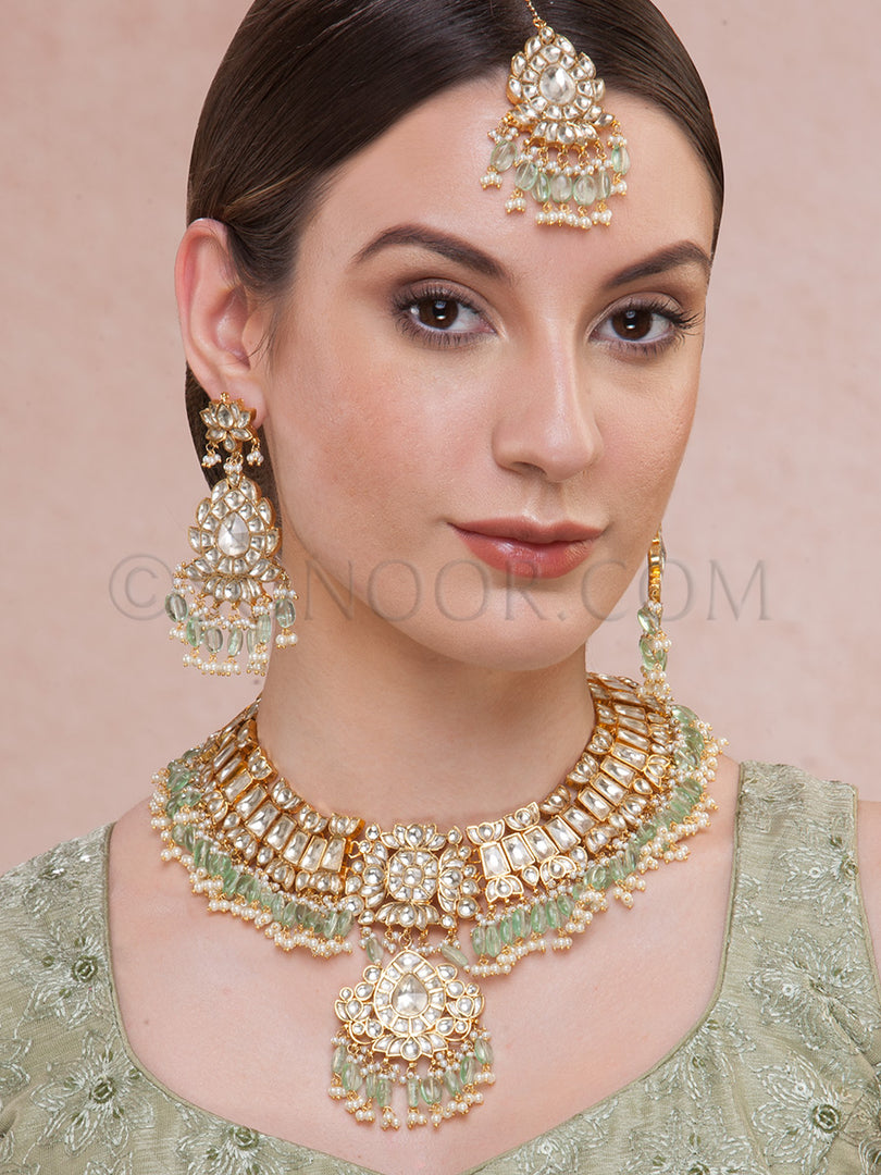 Donna Antique Gold Plated Jade Bridal Set With Earrings & Maang Tika