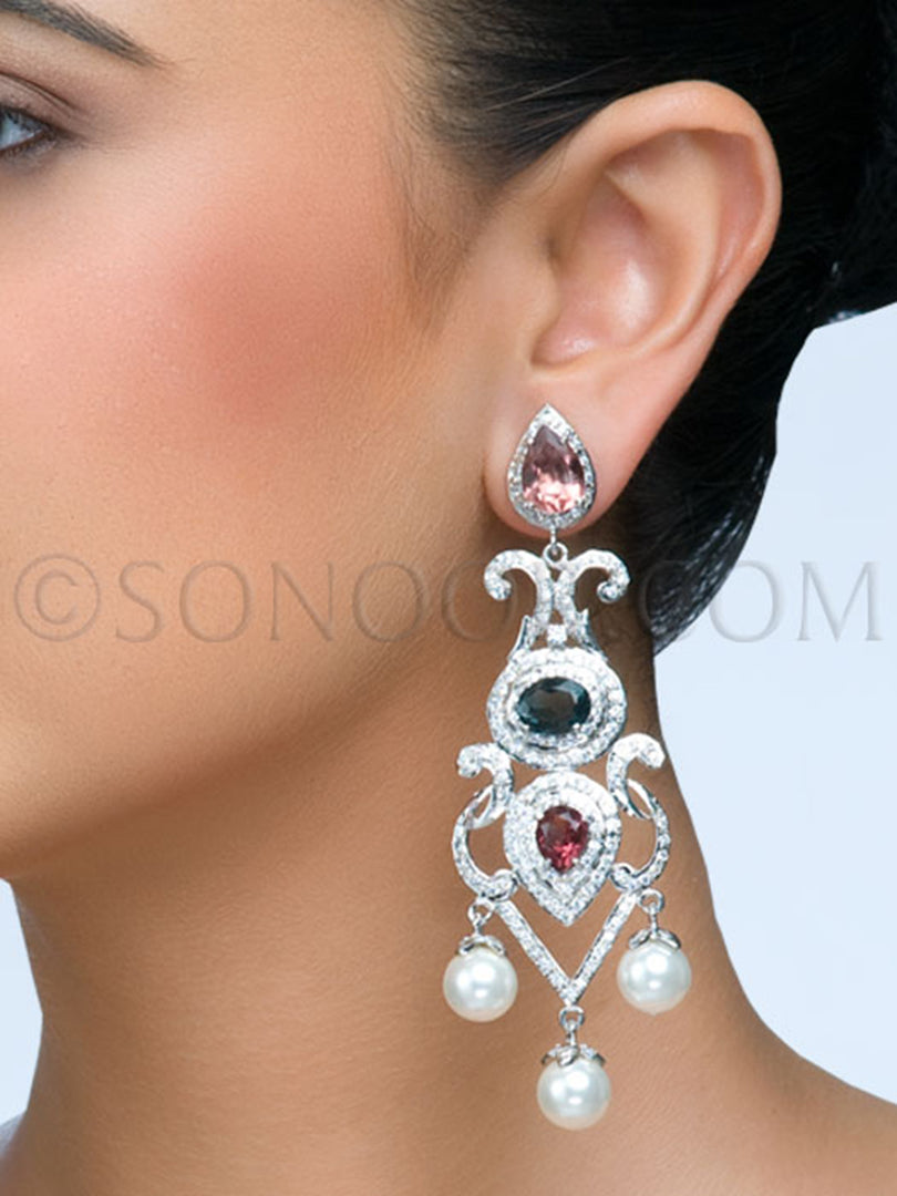 Czee Multi Stone Pearl Drop Earrings