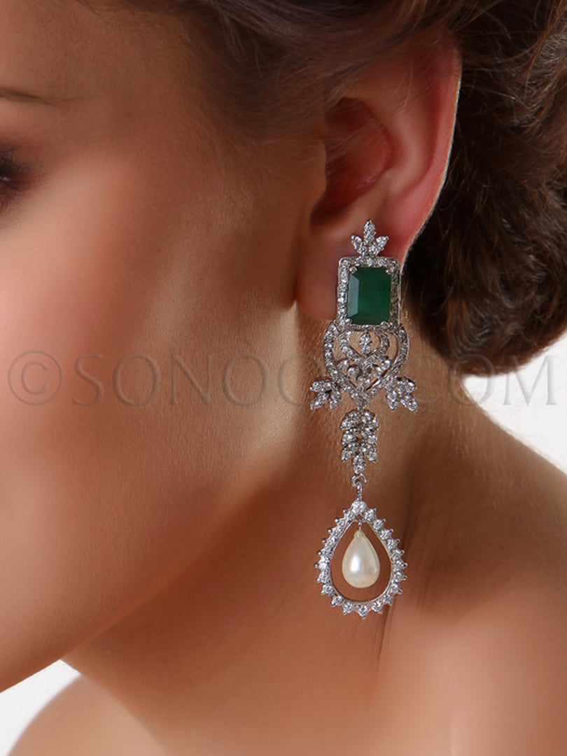 Green Jade CZ pearl drop Earrings