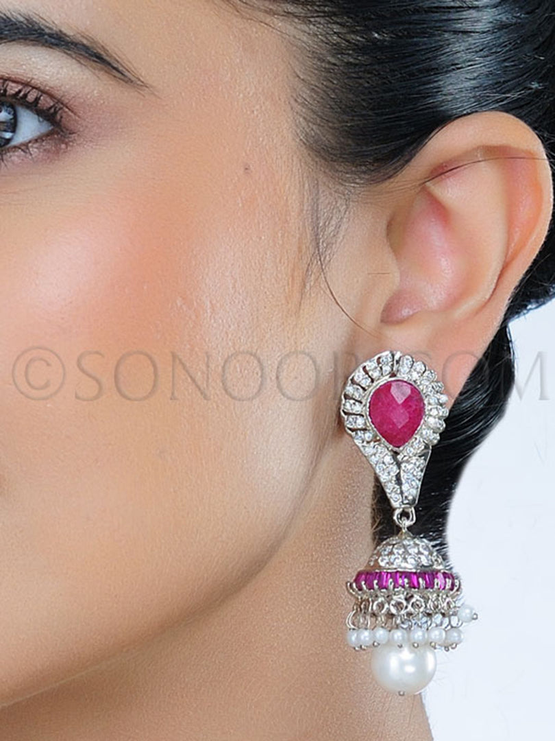 Silver Finish CZ Red Stone Jhumka