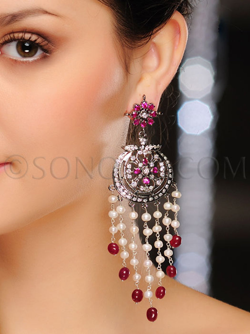 Lina Victorian CZ Pearl Red Jade Earrings