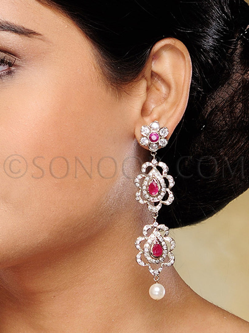 Victorian CZ Red Stone Long Earrings