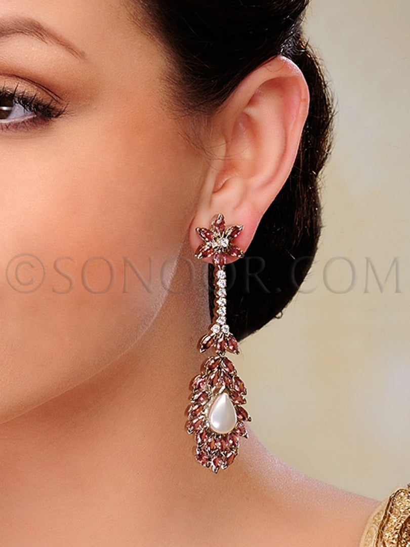 CZ Rhodonite Pearl Long Earrings