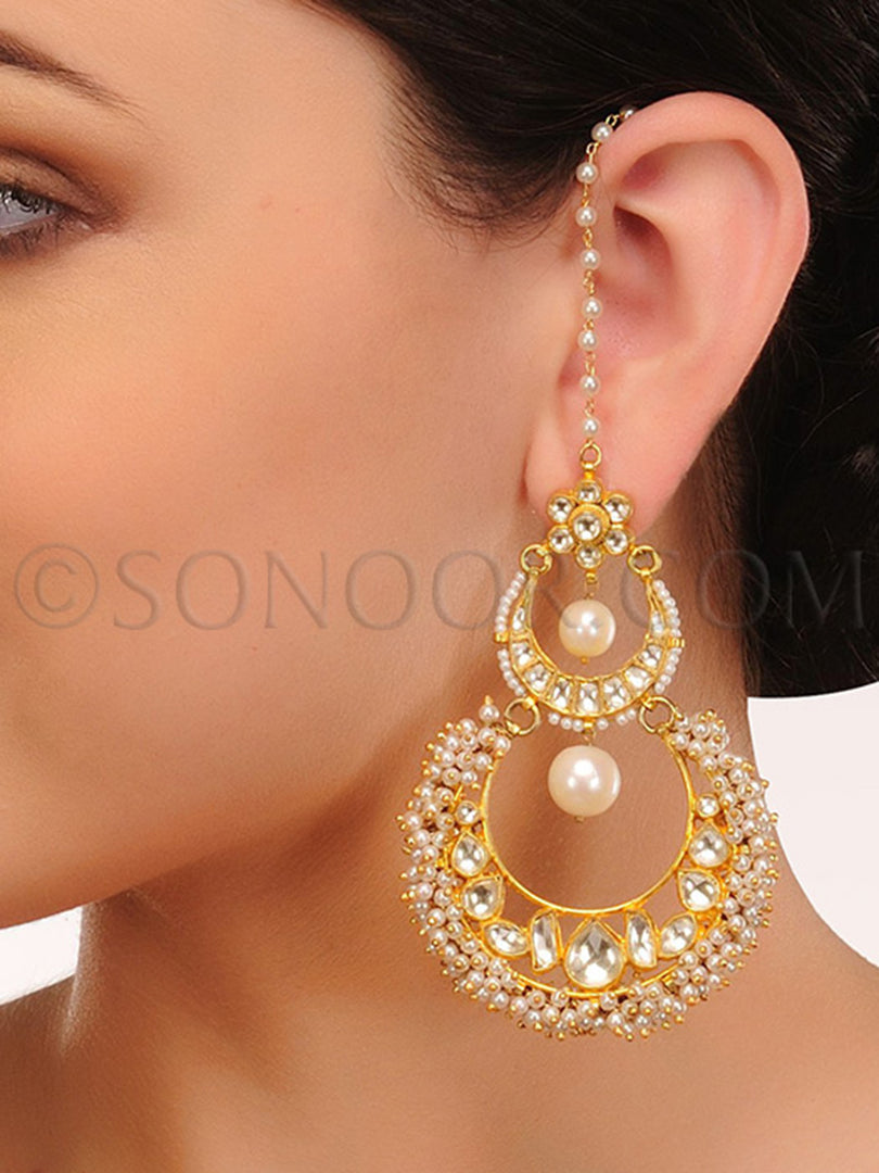 Kundan Pearl Drop Chand Bali Earrings