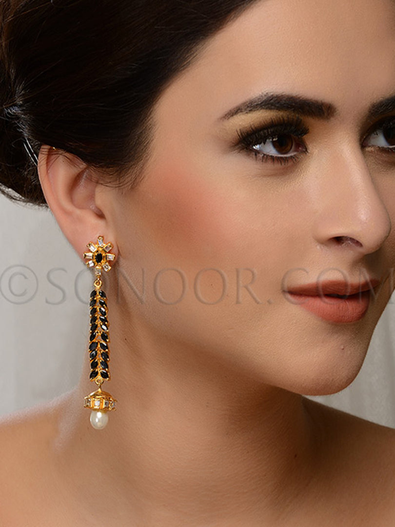 Gold Finish Black Stone Pearl Earrings