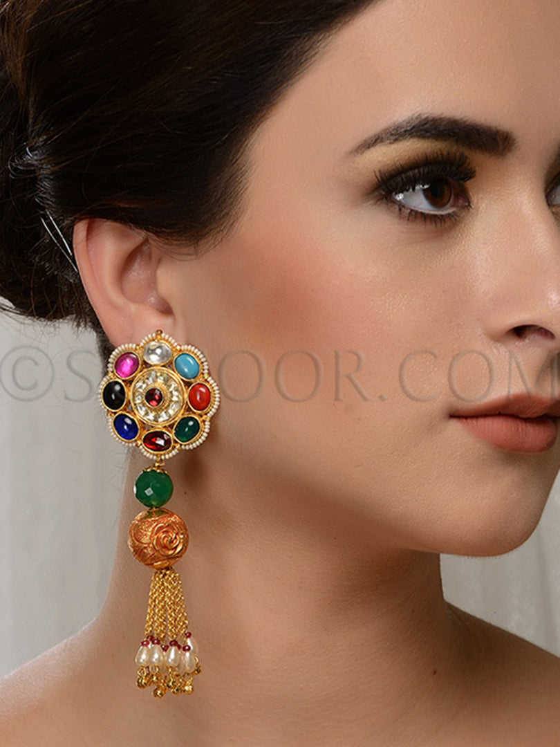 Kundan Navratan Earrings in Gold Finish