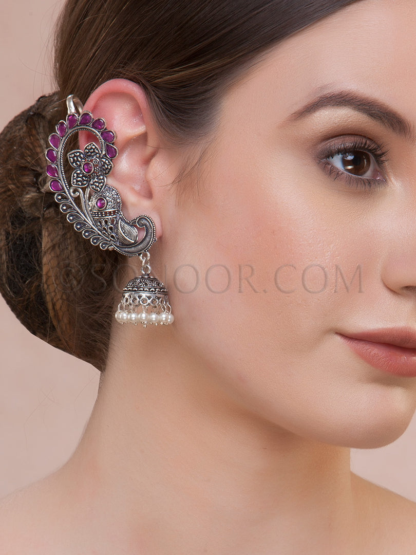 Antique Silver Finish Red Jade Earrings