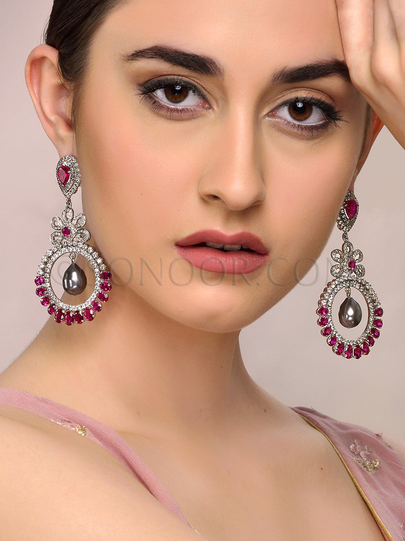Victorian CZ Red Stone Handcrafted Earrings