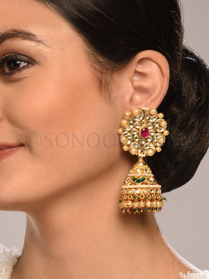 Kundan Jade Pearl Jhumka Earrings