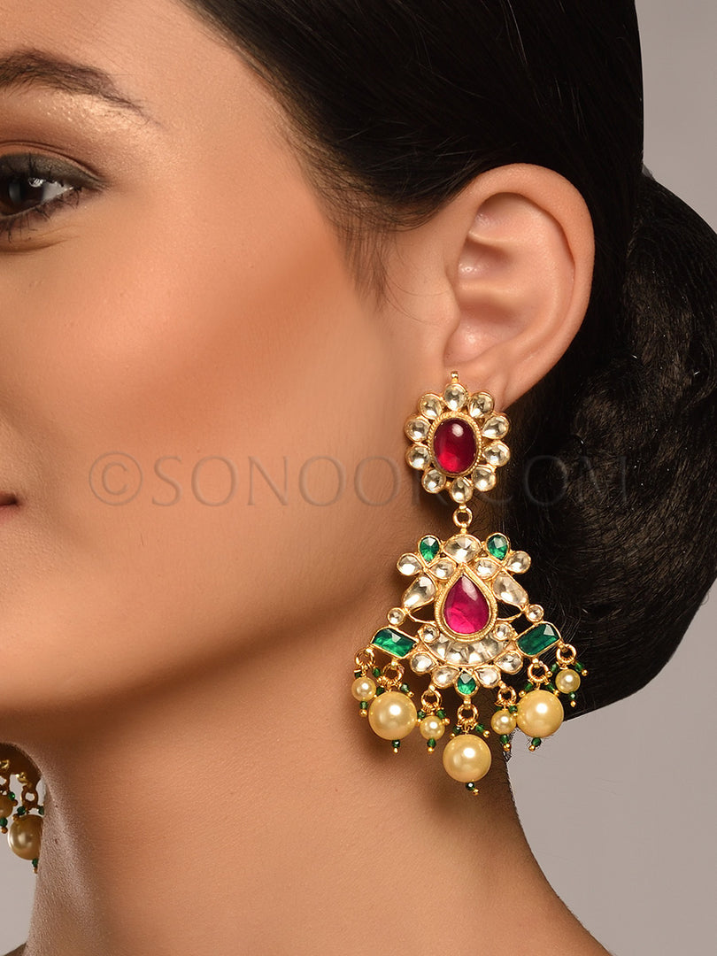 Vishti Kundan Red Green Jade Earrings