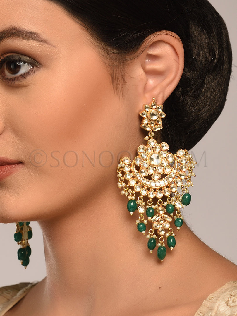 Manita Kundan Green Droplets Big Earrings