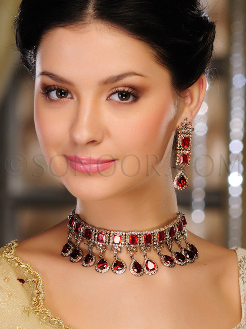 Edha Victorian CZ Garnet Choker Set