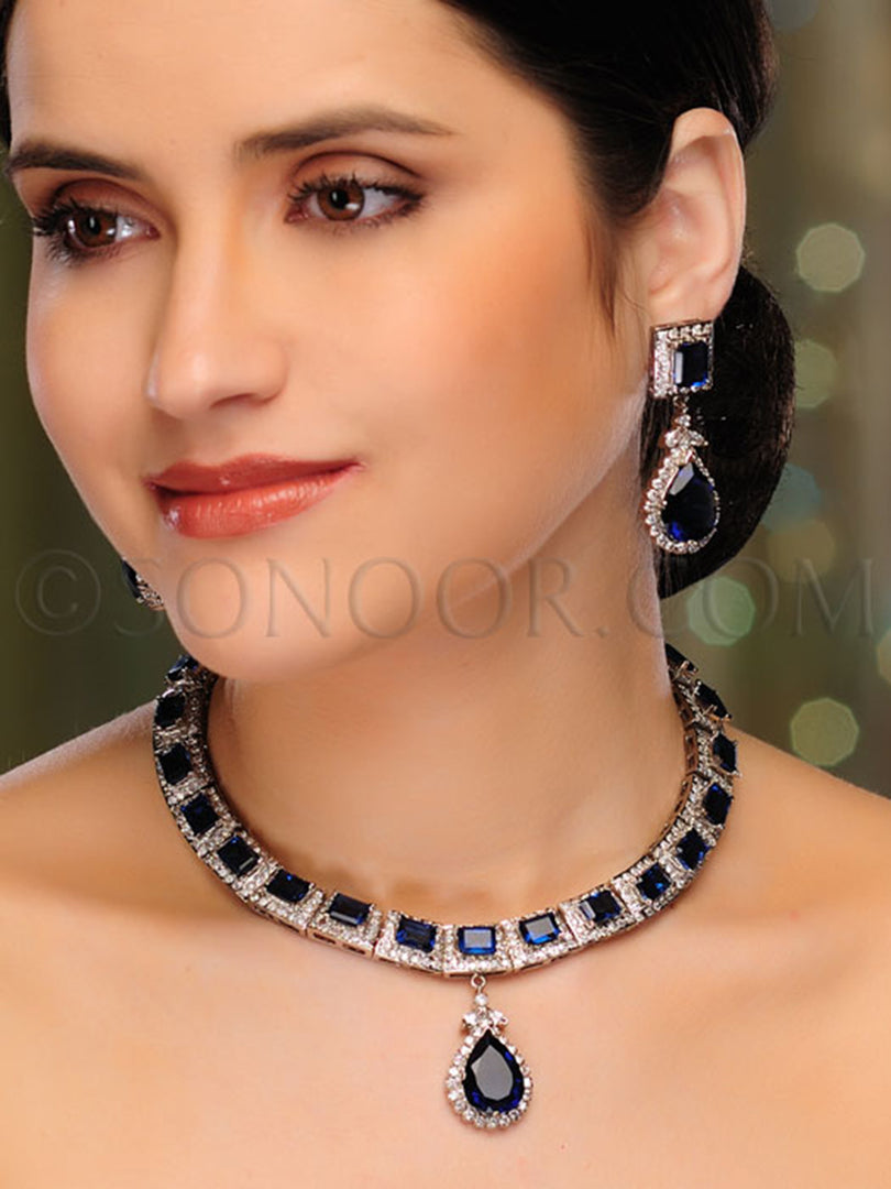 Ashika CZ Blue Stone Handcrafted Necklace Set