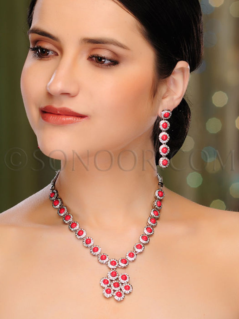Rachita Cubic Zircon Red Coral Necklace Set