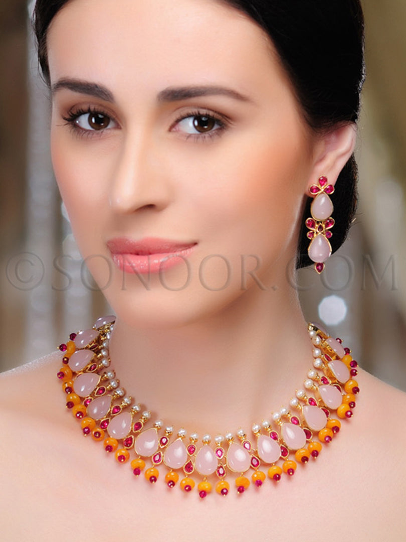 Beli Pearl Rosen Quartz Stones Necklace Set