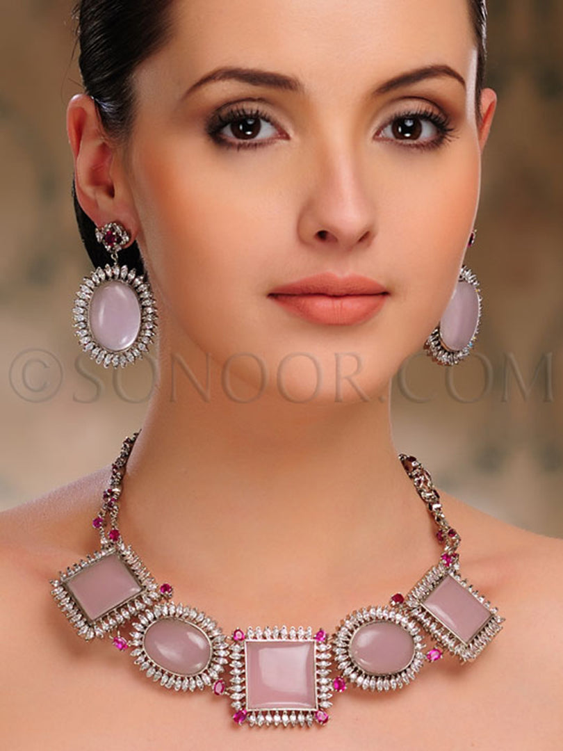 Teesta CZ Ruby Rose Quartz Necklace Set With Earrings