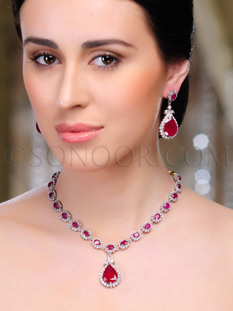 Avni Victorian CZ Red Jade Necklace Set
