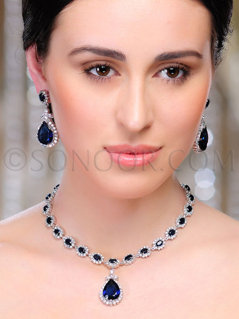 Zuni Silver Finish CZ Blue Stone Necklace