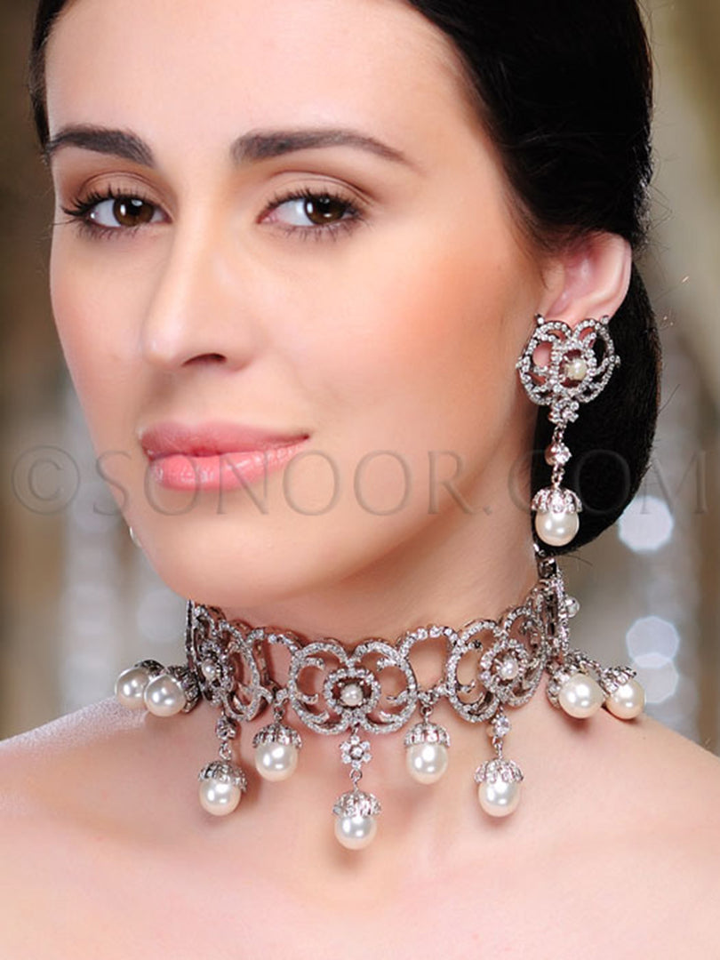 Dilber Victorian CZ Pearl Droplet Choker Set