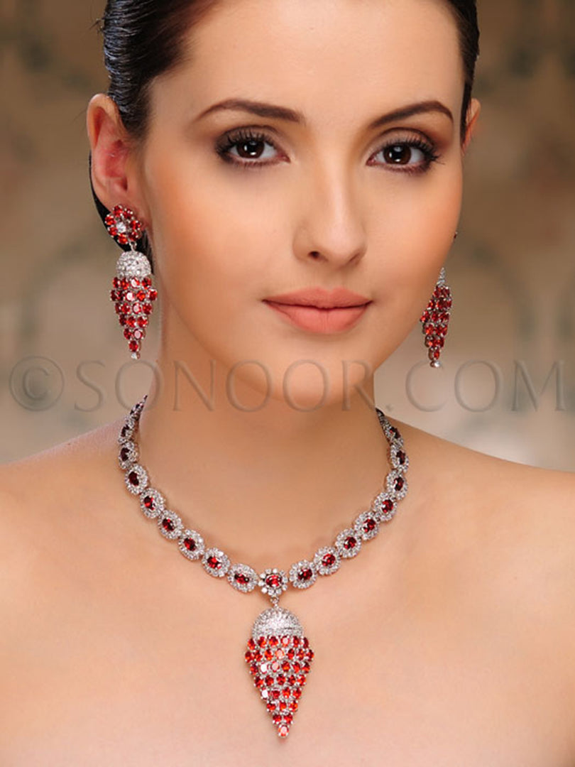 Naiya Victorian Red CZ Stone Necklace Set